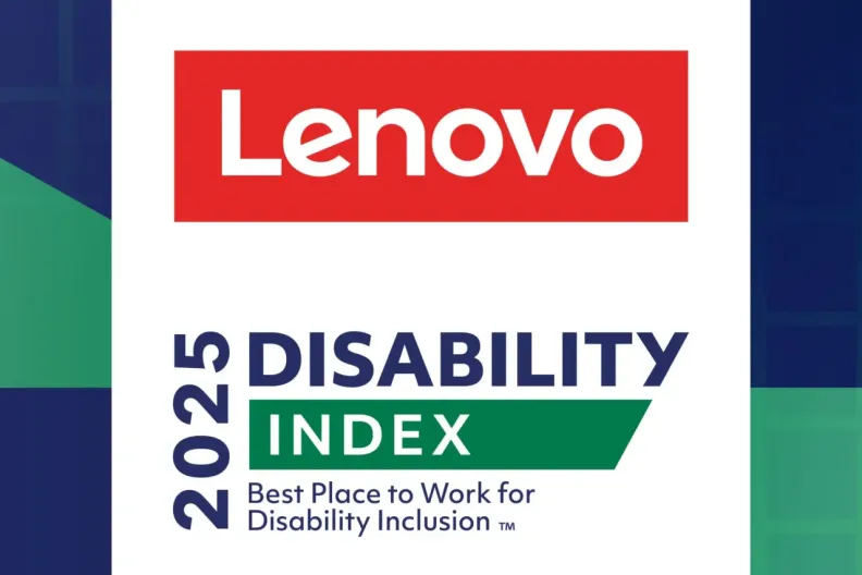 Lenovo logo and logo for the 2025 &quot;Best Place to Work for Disability Inclusion&quot; award 