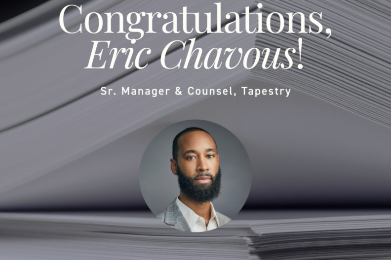 Photo of Eric Chavous, a Black man with a beard wearing a grey suit coat and white shirt, with the text Congratulations to Eric Chavous, Sr. Manager &amp;amp; Counsel, Tapestry, on his acceptance into The Minority Corporate Counsel Association’s 2024 Sources of Success™ Program  
