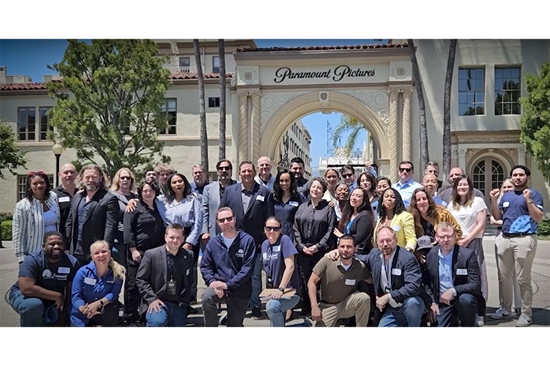 group of people in front of Paramount Pictures  