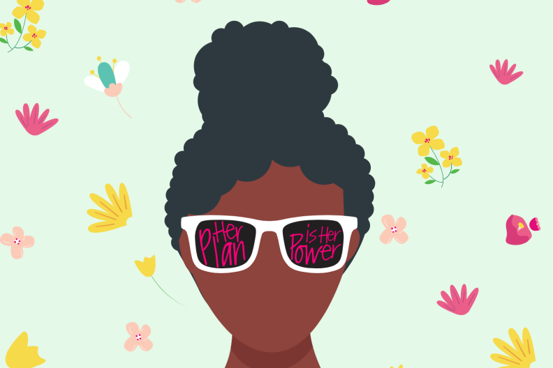 Illustration of a woman wearing glasses with the text &quot;Her Plan Is Her Power&quot; in the lenses of the glasses 