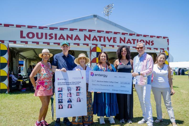 Entergy Louisiana President and CEO Phillip May, alongside Entergy New Orleans President and CEO Deanna Rodriguez, presented a $35,000 grant to the College Fund and the Chief of the United Houma Nation. 