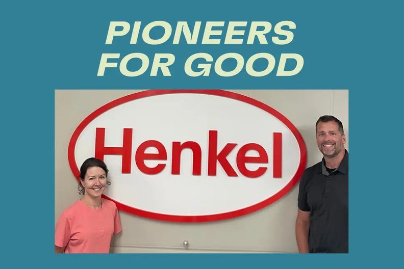 Pioneers for good: two people standing beside the Henkel logo 