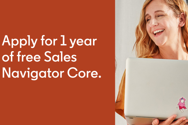 &quot;Apply for 1 year of free Salves Navigator Core.&quot; with image of two people smiling 
