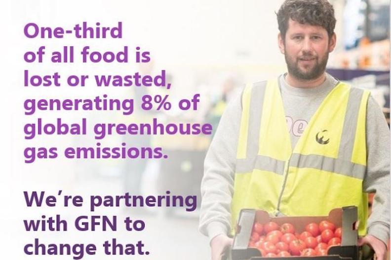 &quot;One-third of all food is lost or wasted, generating 8% of global greenhouse gas emissions. W&#039;re partnering with GFN to change that&quot; with person holding a box of food 