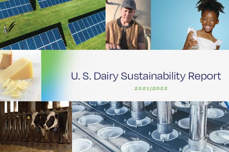 U.S. Dairy Sustainability Report cover with image of dairy cows, people, and solar panels 