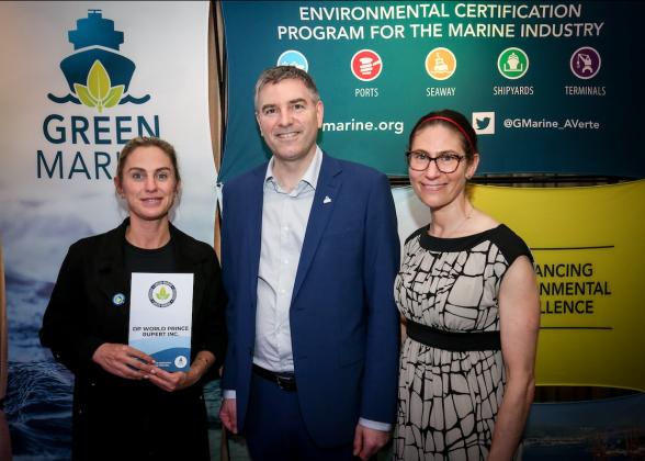 (left to right) Bronwyn Pountney (Environment Manager, DP World), David Bolduc (President and CEO of Green Marine), and Eleanor Kirtley (Senior Program Manager, Green Marine) accepting Green Marine recertification for Prince Ruport Port.