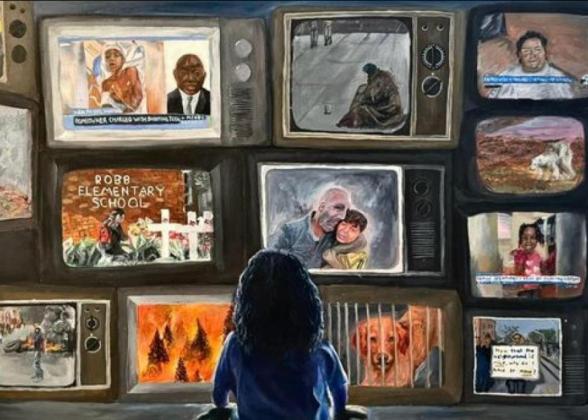 Artwork of a child watching multiple televisions