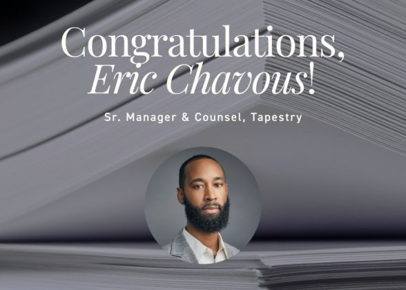 Photo of Eric Chavous, a Black man with a beard wearing a grey suit coat and white shirt, with the text Congratulations to Eric Chavous, Sr. Manager &amp;amp; Counsel, Tapestry, on his acceptance into The Minority Corporate Counsel Association’s 2024 Sources of Success™ Program 