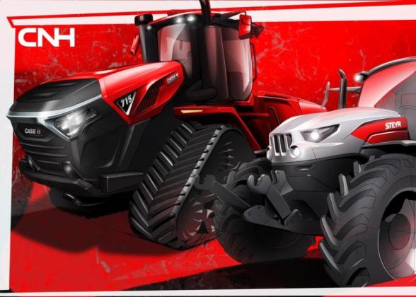 Two large farming tractors, CNH logo