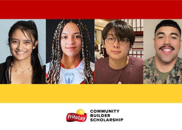 L to R: Mehar Bhasin (Lakeville, Conn.), Jaelyn Hardaway (San Antonio), Caleb Oh (Gambrills, Md.) and Sgt. Ramon Perez (New Rochelle, N.Y.) were identified as Frito-Lay&#039;s First-Ever Community Builder Scholarship recipients, each receiving $25,000 to further their higher-education goals.