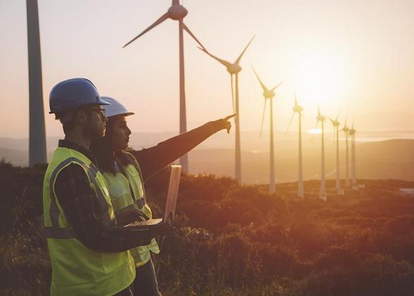 A male and female worker are standing in a field of windmills as the sun sets.