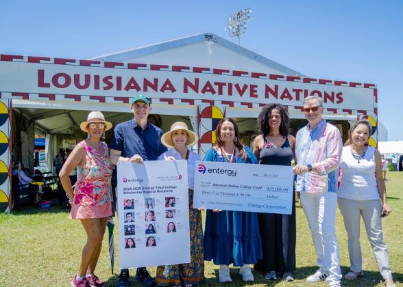 Entergy Louisiana President and CEO Phillip May, alongside Entergy New Orleans President and CEO Deanna Rodriguez, presented a $35,000 grant to the College Fund and the Chief of the United Houma Nation.