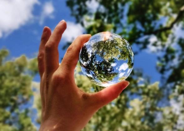 A hand holding a small clear globe. Trees and blue sky behind it.