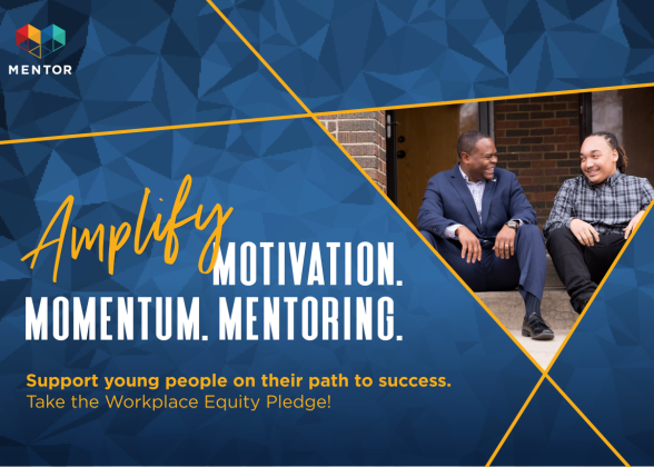 &quot;Amplify Motivation, Momentum, Mentoring&quot;, with Two people smiling at each other