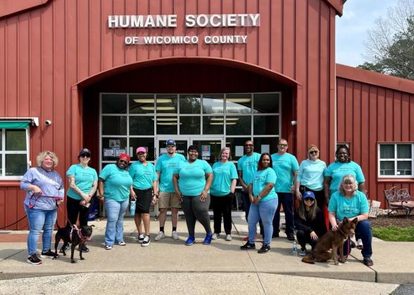  group of volunteers posed outside a building &quot;Humane Society&quot;.