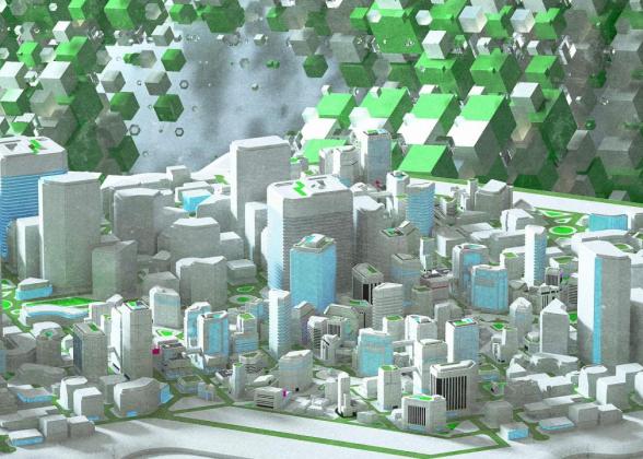 A digital model rendering of a city-scape.