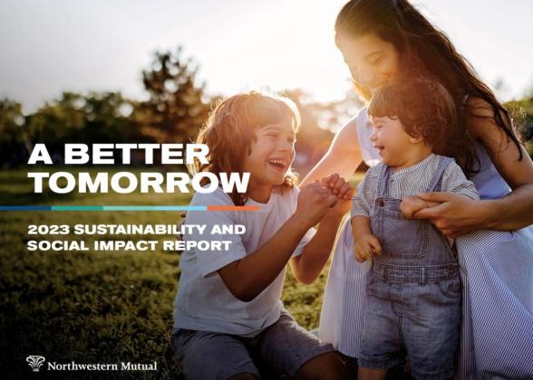 &quot;A Better Tomorrow 2023 Sustainability And Social Impact Report&quot; over the image of an adult and two children outside.
