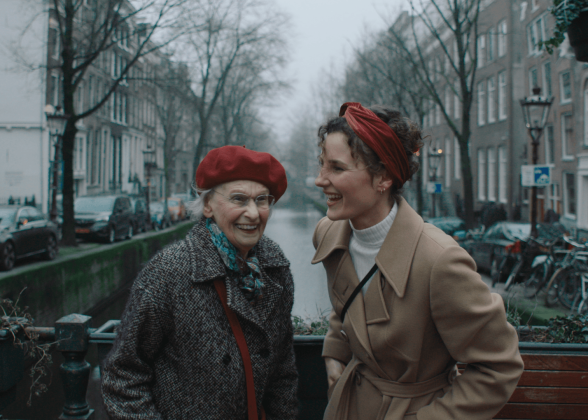 two people laughing together