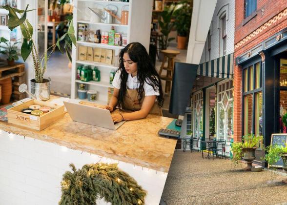 Collage of a person working on a laptop, and a storefront