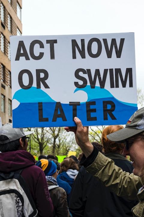 limate protester holding sign that says act now or swim later - net-zero emissions