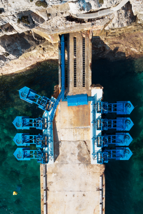 Eco Wave Power's wave energy converters at a former World War II ammunition jetty in Gibraltar.