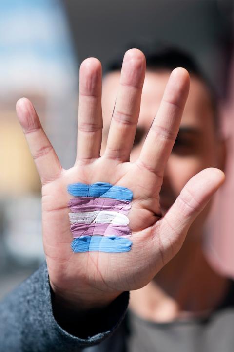 Man with transgender flag painted on the palm of his hand - transgender rights - transitioning