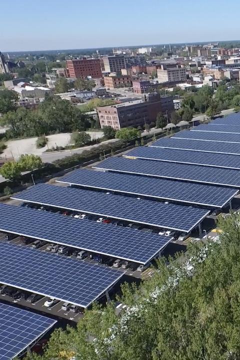 Owens Corning headquarters Campus Solar Array over parking lot in toledo ohio