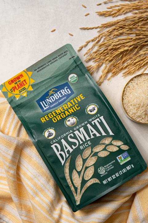 A photo of Lundberg Family Farm's basmati rice featuring the Regenerative Organic Certified label.