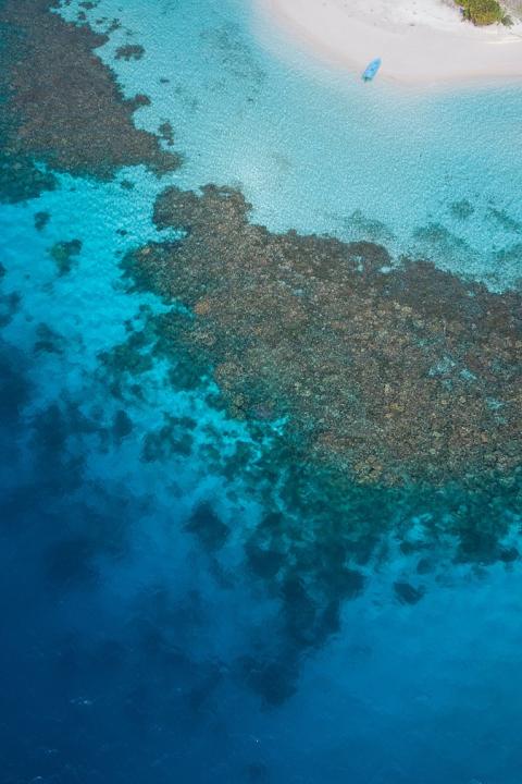 aerial shot of the great barrier reef with a boat on the shoreline