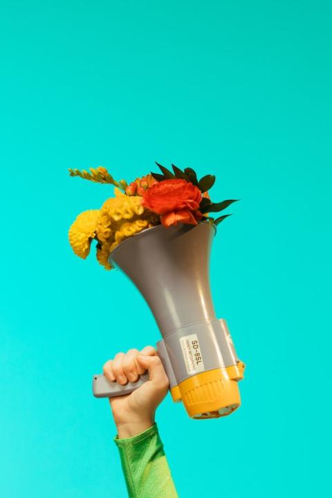 hand holding megaphone with flowers inside on blue background