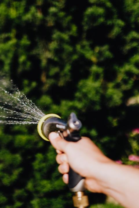 hand watering the lawn with a hose - water conservation