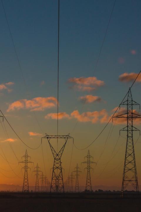 Power pylons at sunset. 