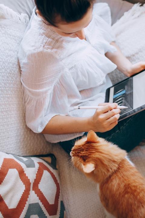 remote work - woman working from home with cat