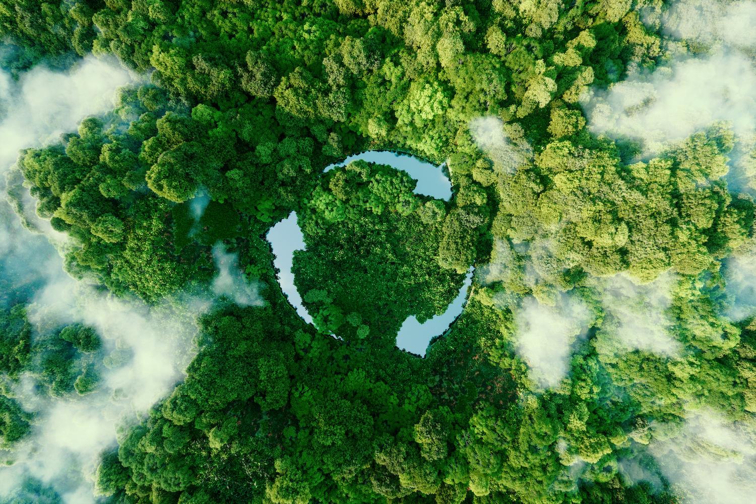 Abstract lakes that look like a recycling symbol in a jungle - symbolizing the circular economy