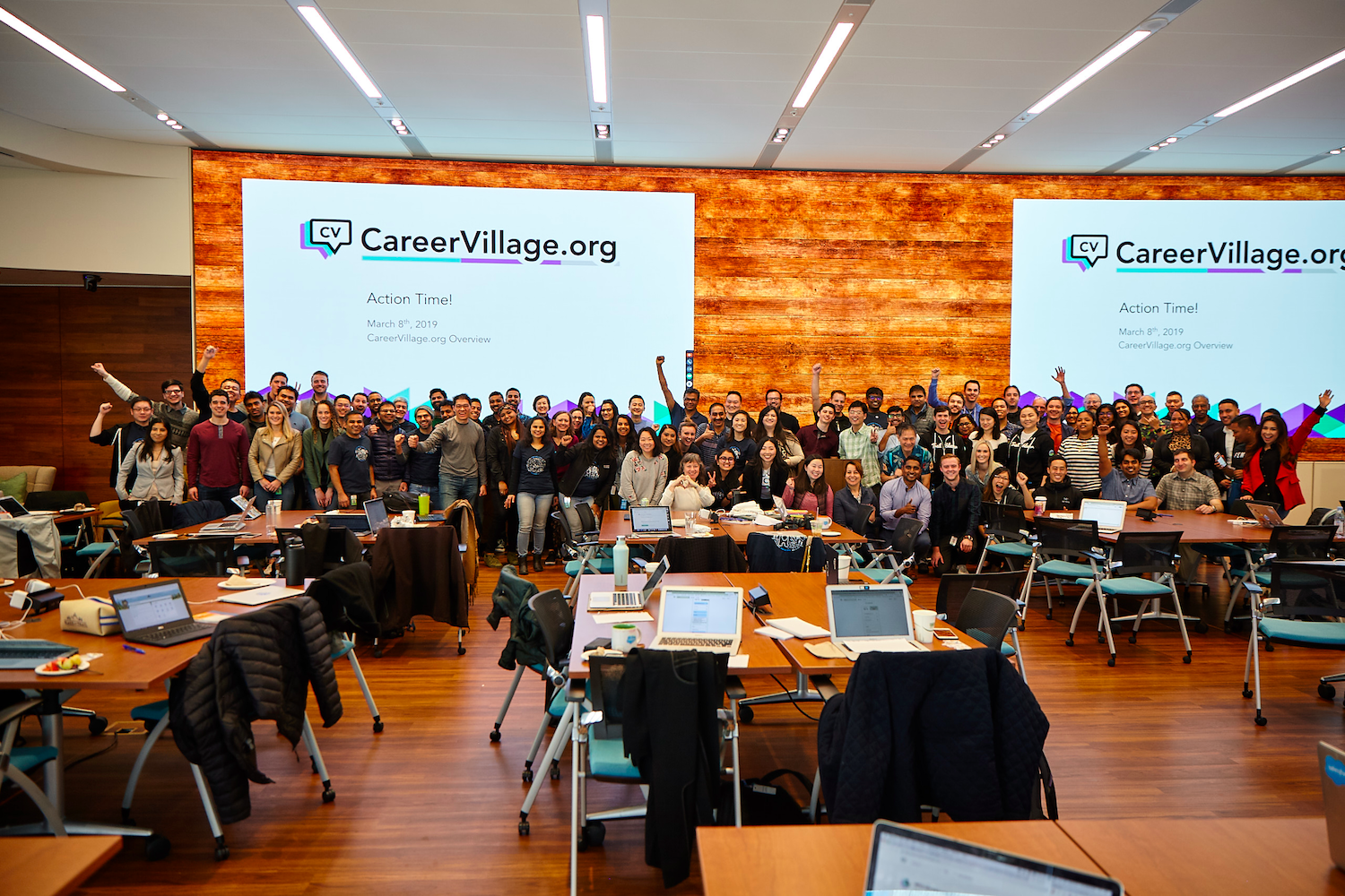 careerVillage team at a meeting - nonprofit that created an AI driven chatbot to help students perfect their resumes and grow careers
