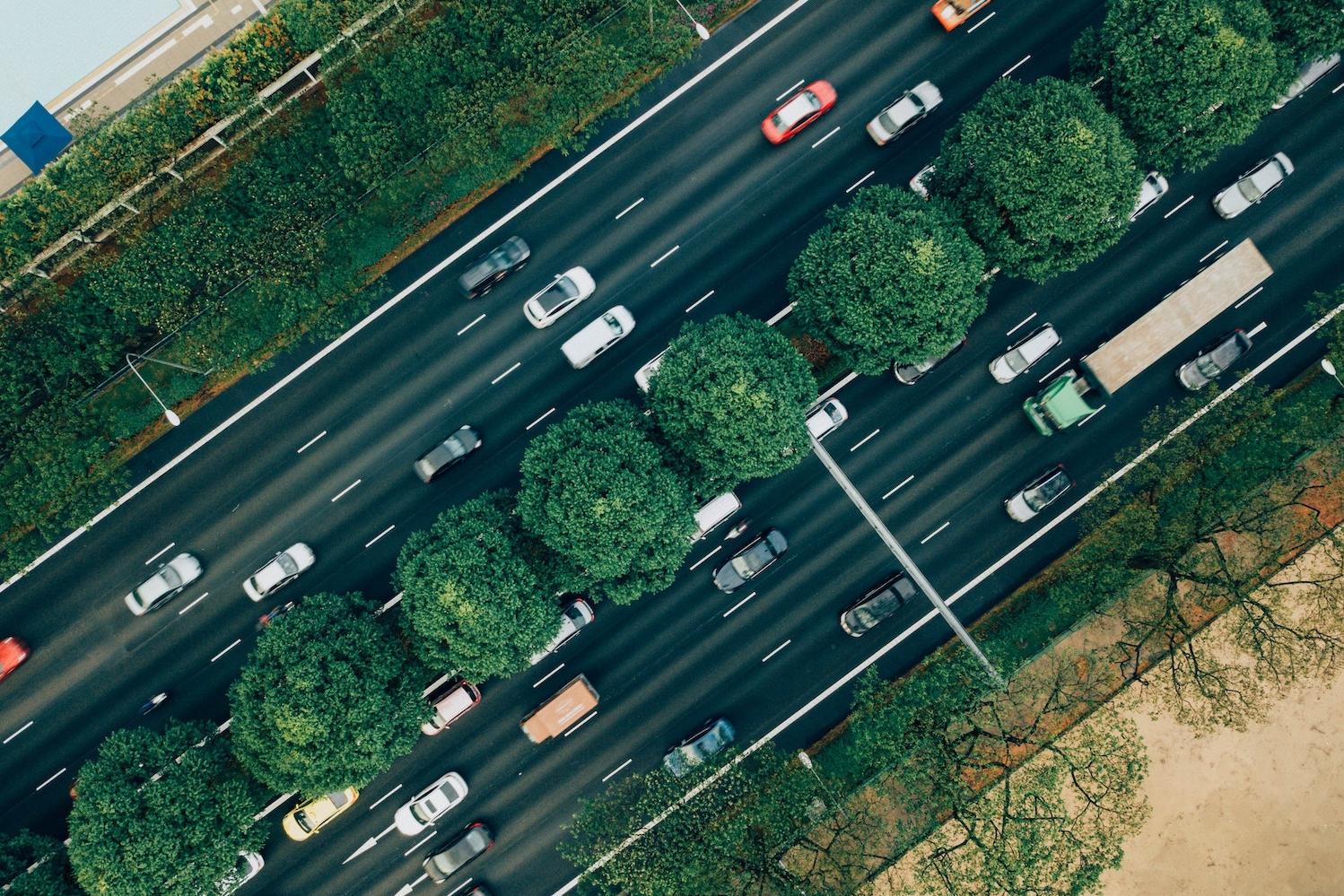 Cars on the highway aerial view