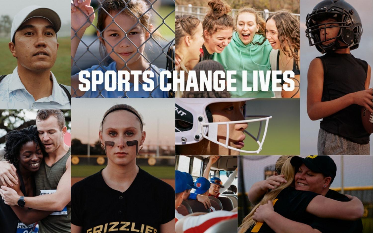 A photo collage of people playing sports with the words &quot;sports change lives&quot; overlaid. 