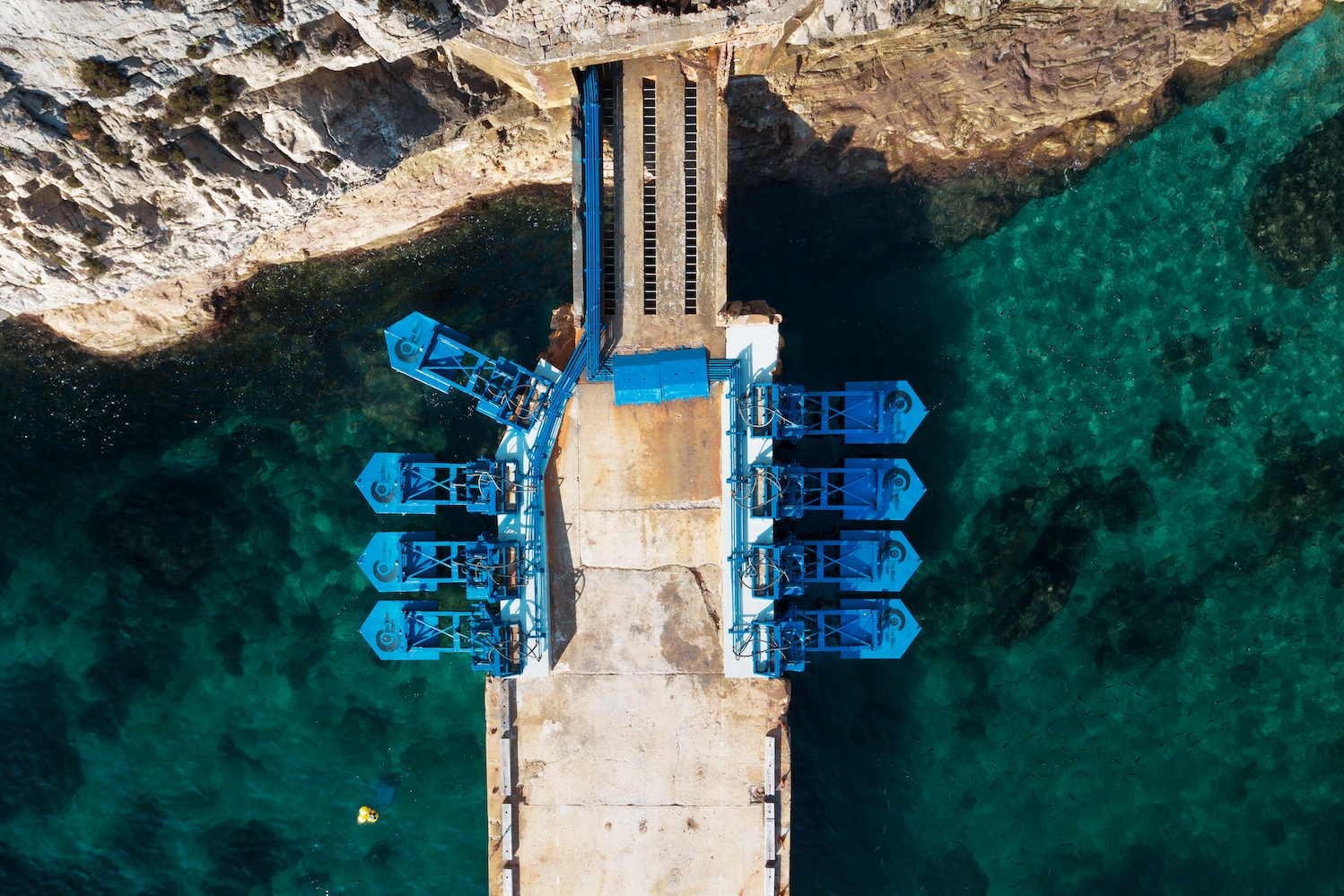Eco Wave Power's wave energy converters at a former World War II ammunition jetty in Gibraltar.