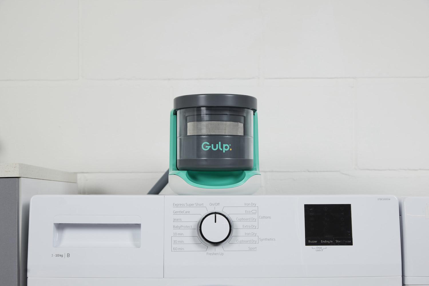 The Gulp microfiber filter sits on top of a washing machine —  this device captures Microplastic Particles