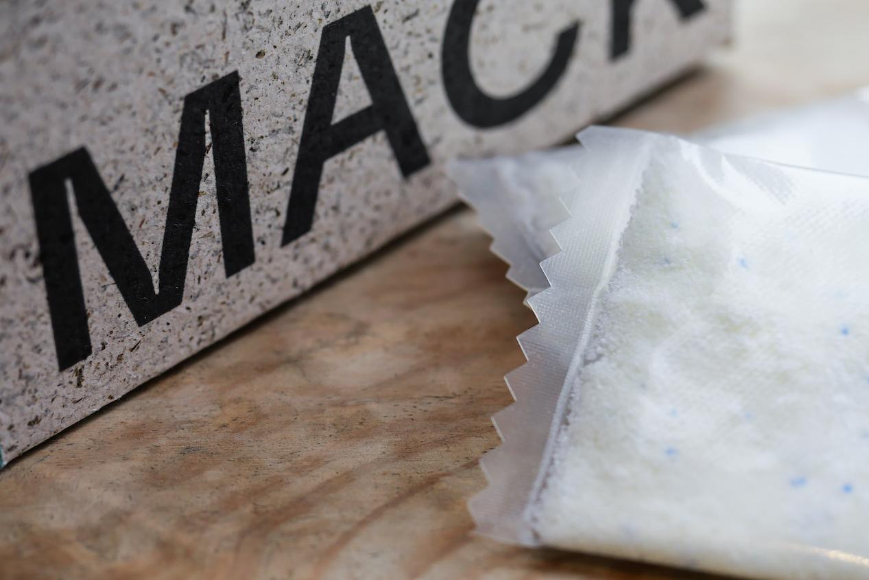 Notpla and MACK's sustainable detergent sachets.