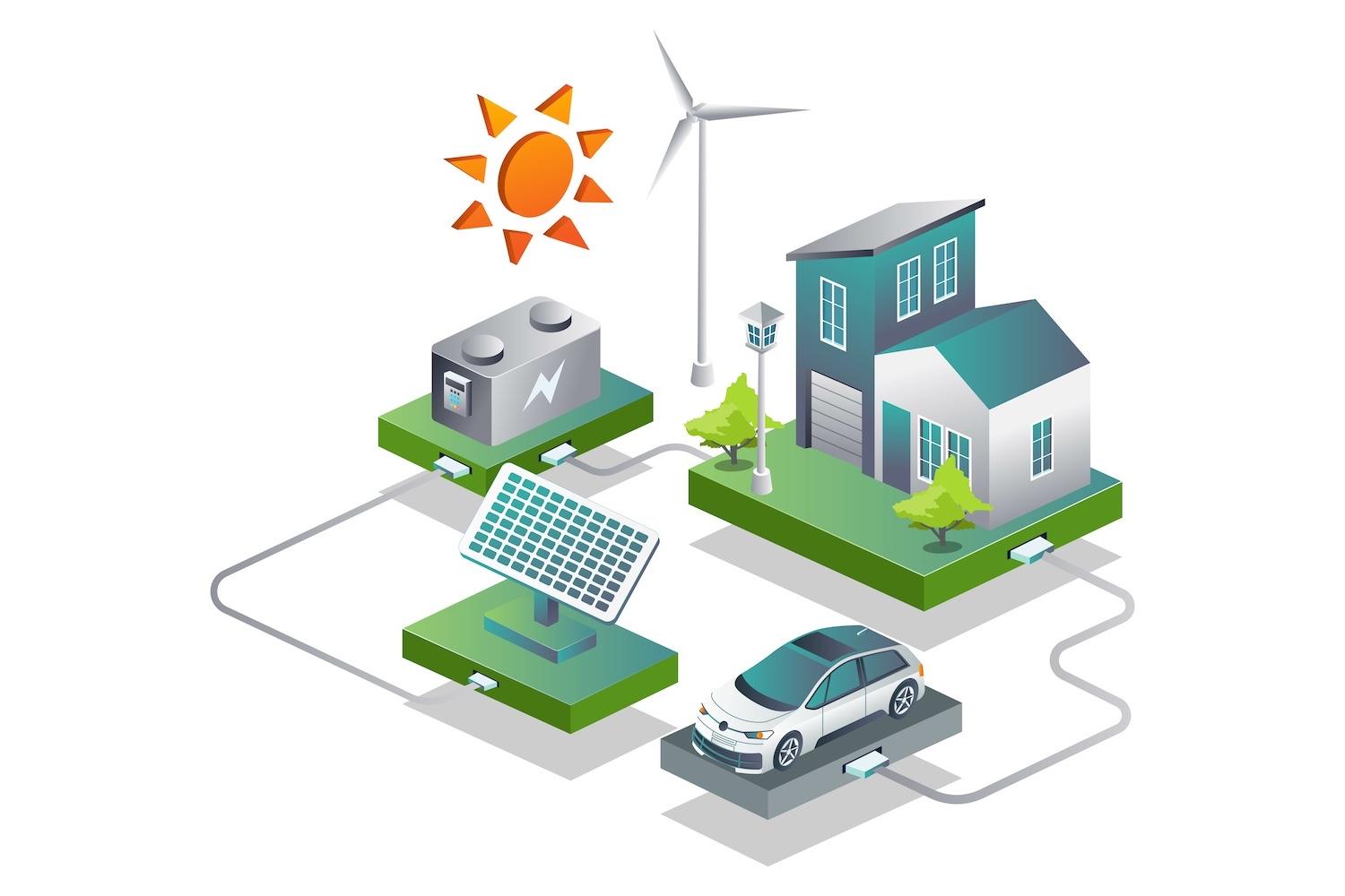 graphic representing smart grid - virtual power plants - renewable energy - electric vehicles