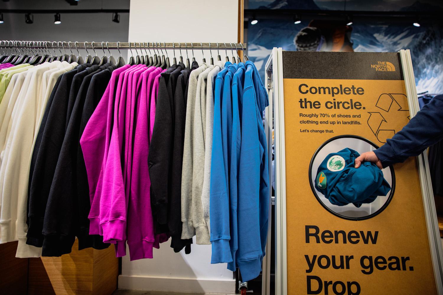 A bin at a retail location where The North Face customers can return their used gear to be refurbished or recycled - circular design and reuse in apparel