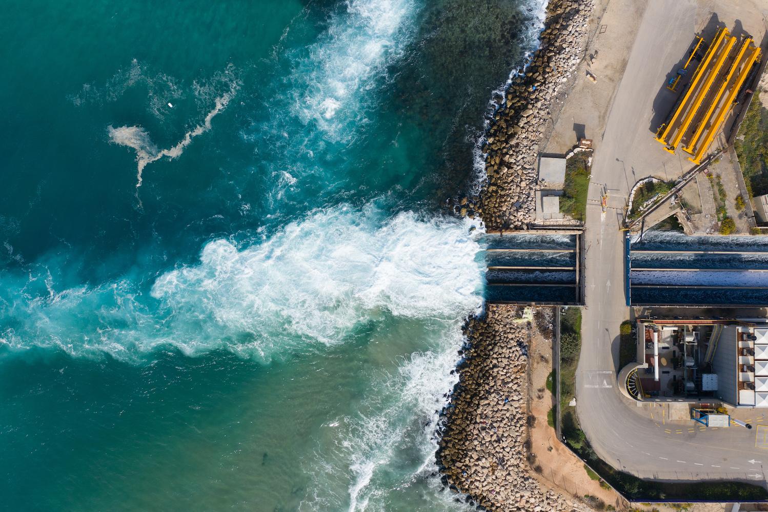 aerial view ocean coastline and desalination plant Hadera Israel 