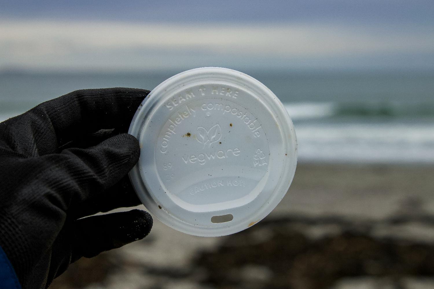 A photo of a compostable coffee cup lid that was found on a beach cleanup - greenwashing claims