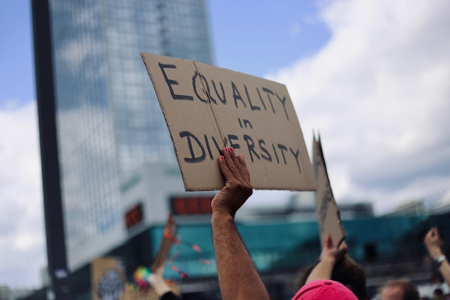 person holding protest sign that reads &#039;equality in diversity&#039; - diversity hiring 