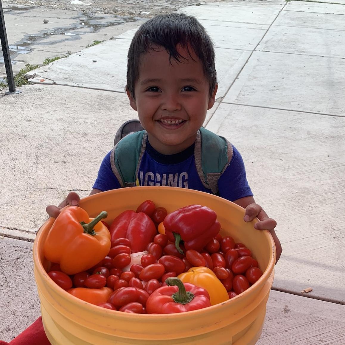 Boy with Bucket of Produce - BAMX food bank network is fighting food insecurity in Mexico