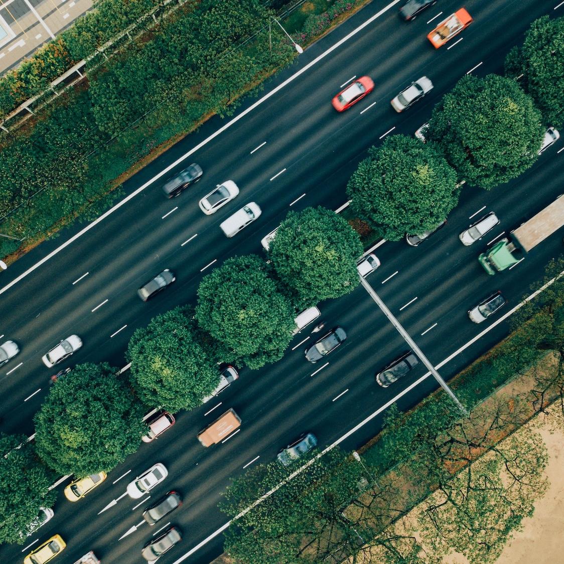 Cars on the highway aerial view