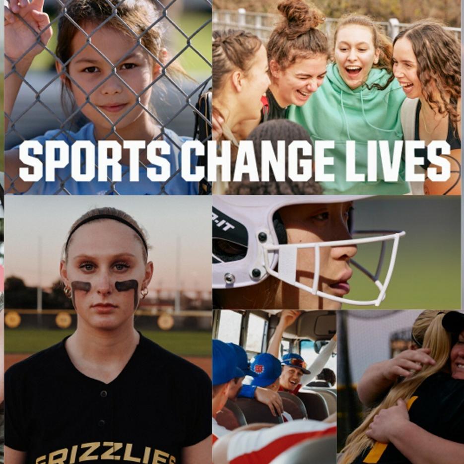 A photo collage of people playing sports with the words "sports change lives" overlaid.
