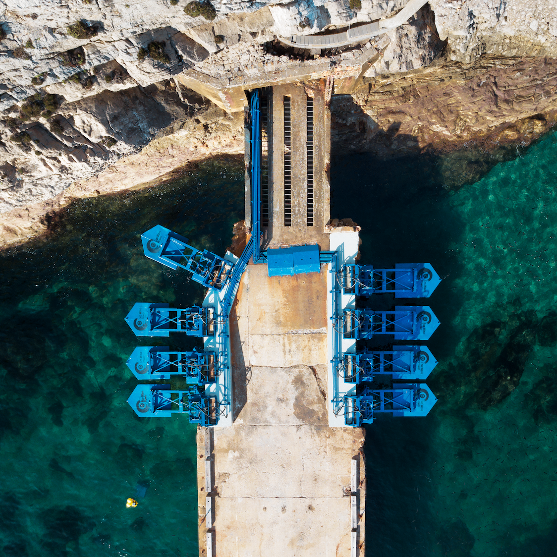 Eco Wave Power's wave energy converters at a former World War II ammunition jetty in Gibraltar.
