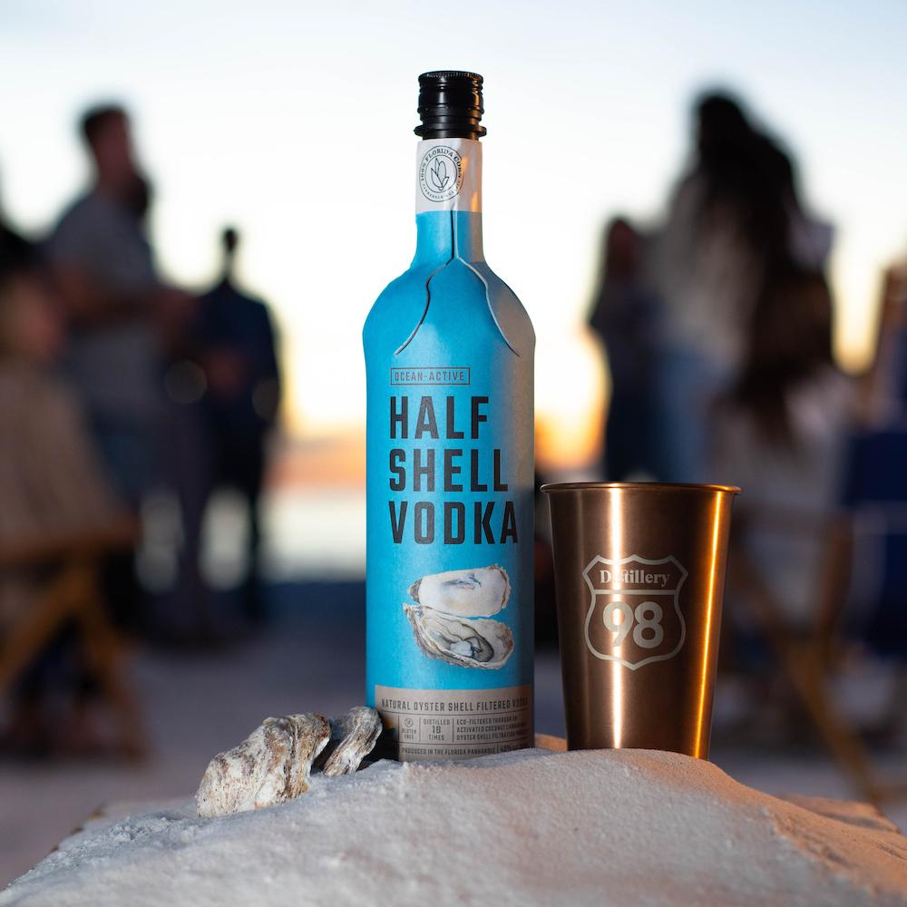 A bottle of Distillery 98's Half Shell Vodka.